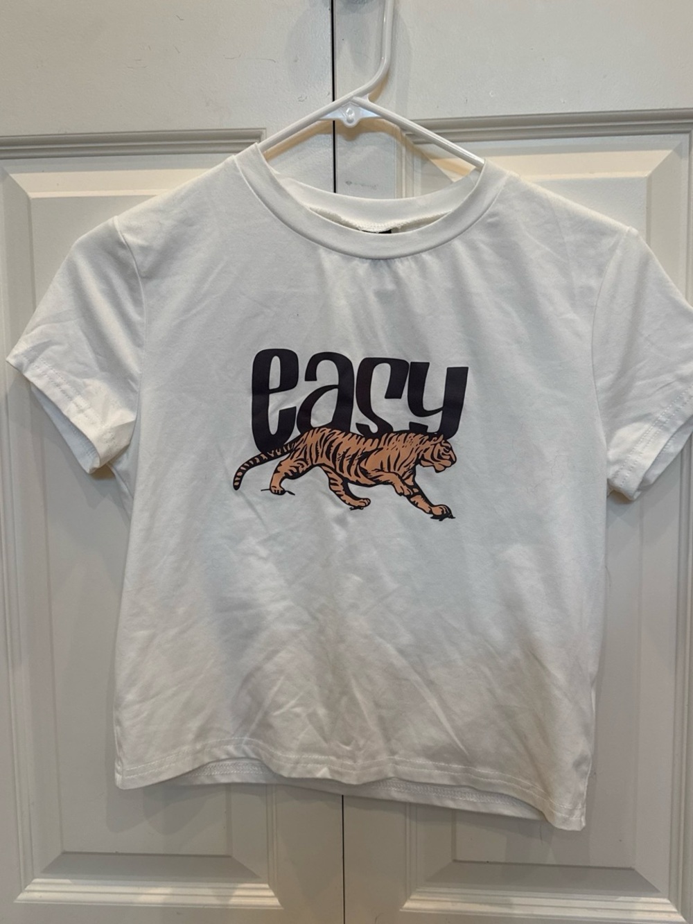 SHEIN White Crop Tee with Tiger 'Easy' Graphic